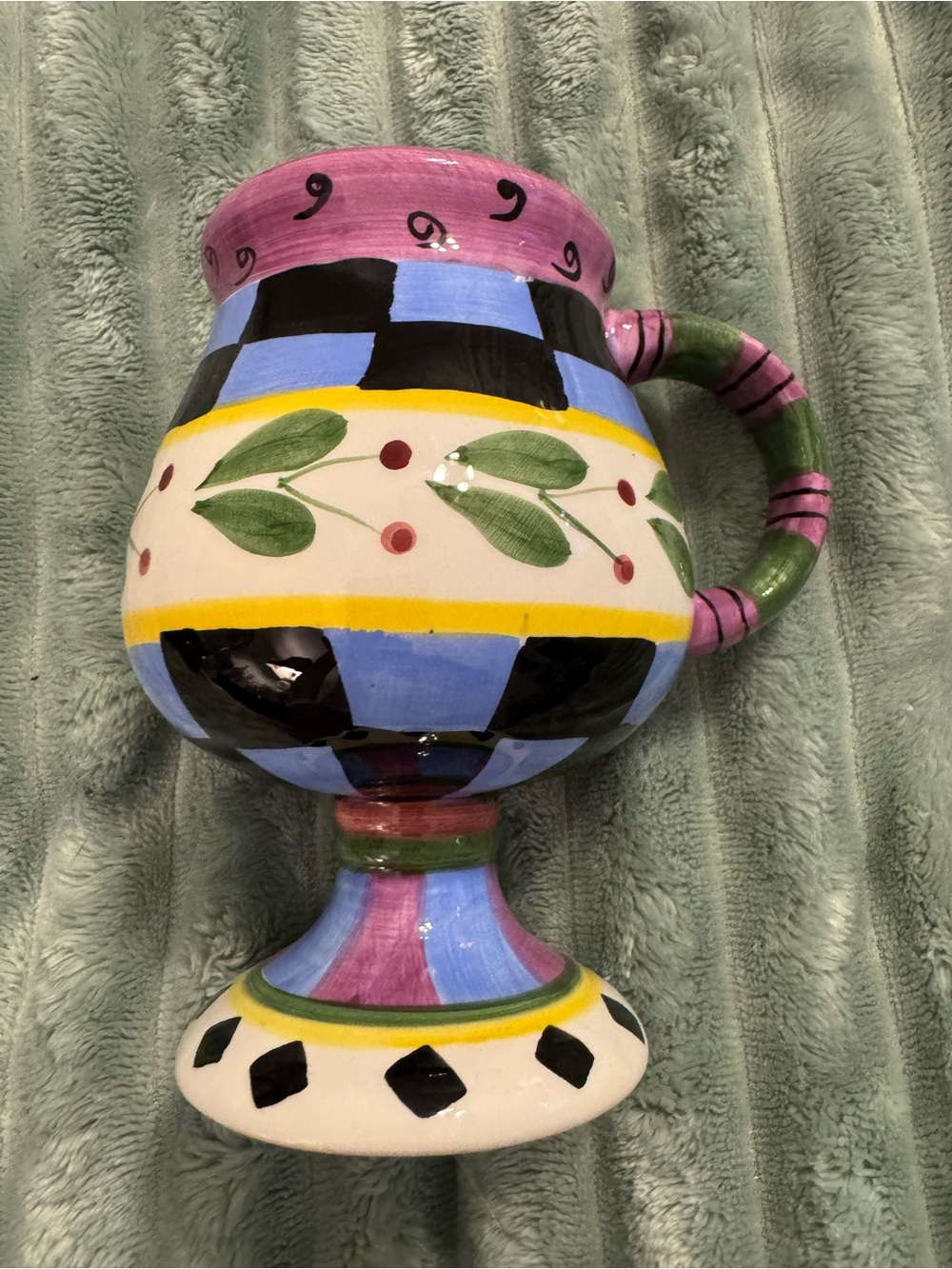 Hand-Painted Colorful Ceramic Goblet - Floral & Checkerboard Design